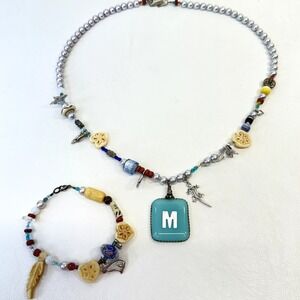 Beaded Necklace Bracelet Set Initial‎ M Charm Lizard Boho Sterling Silver